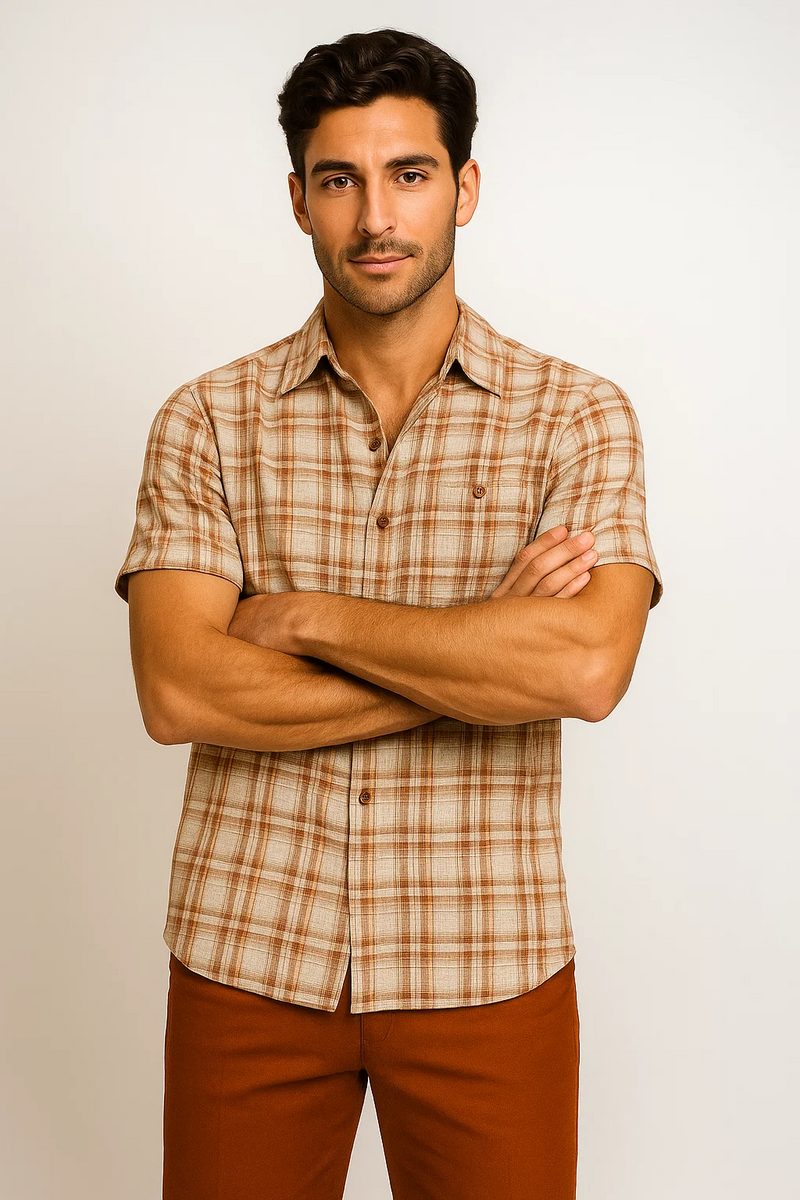Men's papaya cream walking suit: textured plaid shirt (beige/orange) with pointed collar, short sleeves, button-down front. Paired with solid, fitted brown pants, tapered ankles. Lightweight, breathable, casual wear.
