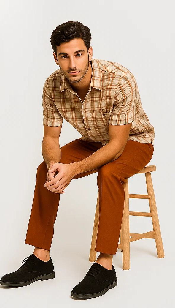 Men's textured plaid walking suit: short-sleeve cream/brown plaid shirt with collar and pocket, paired with tailored rust-colored trousers. Lightweight and breathable fabric for a comfortable fit.
