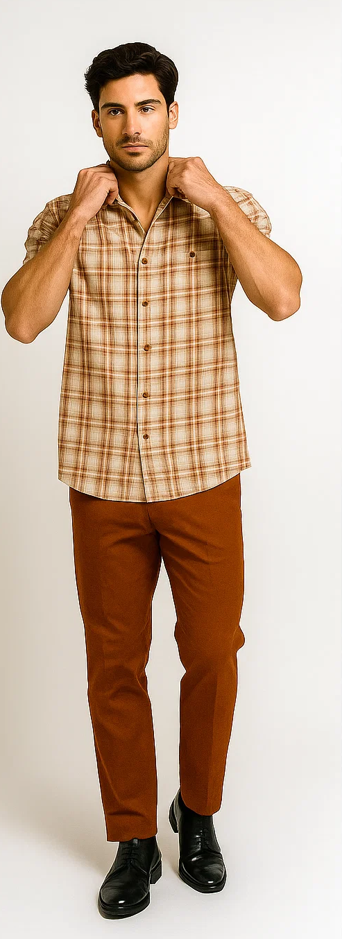 Men's papaya cream walking suit: short-sleeved plaid shirt (cream, orange, brown) and solid rust trousers. Lightweight, textured fabric with a soft drape.
