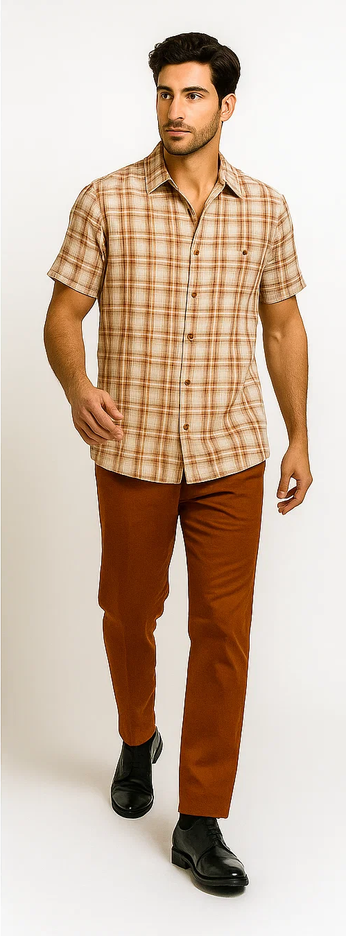 Men's papaya cream textured plaid walking suit. Short-sleeve button-up shirt in light beige/cream plaid, straight cut, traditional collar. Solid rich brown tailored trousers, straight leg. Lightweight fabric for comfort.
