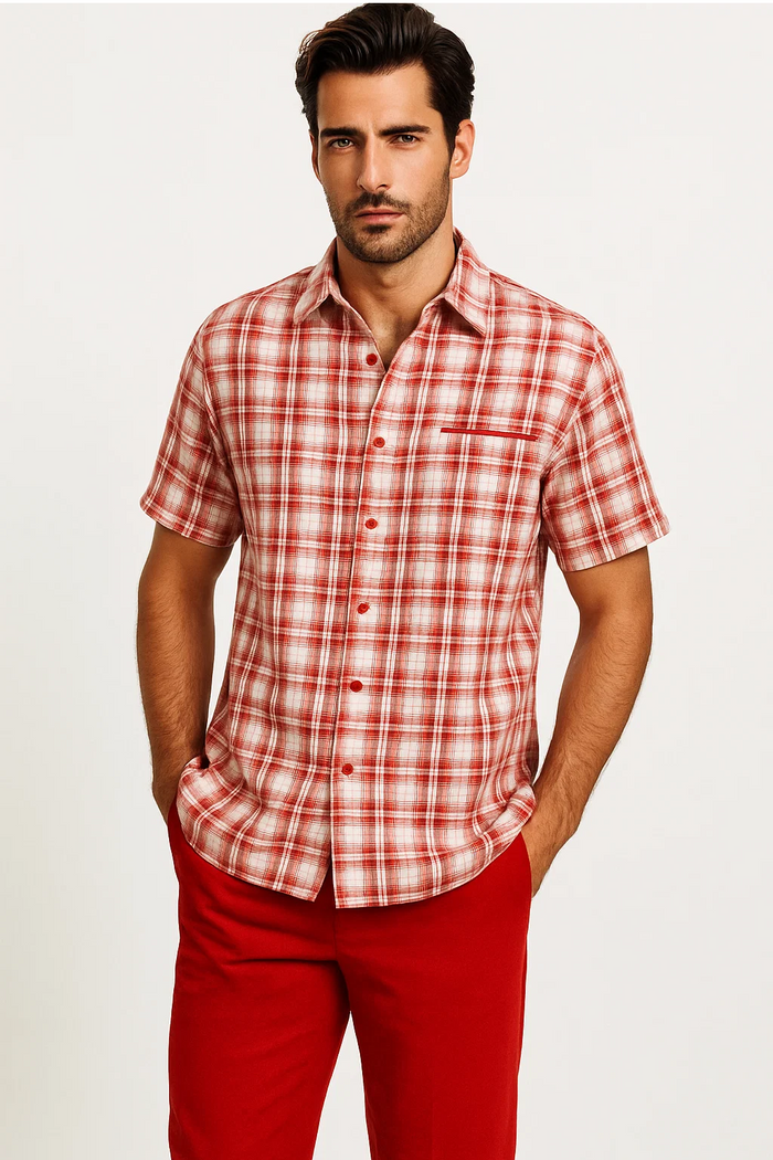 Men's plaid walking suit: short-sleeved red & off-white plaid shirt with button-up front & chest pocket. Paired with solid red trousers.
