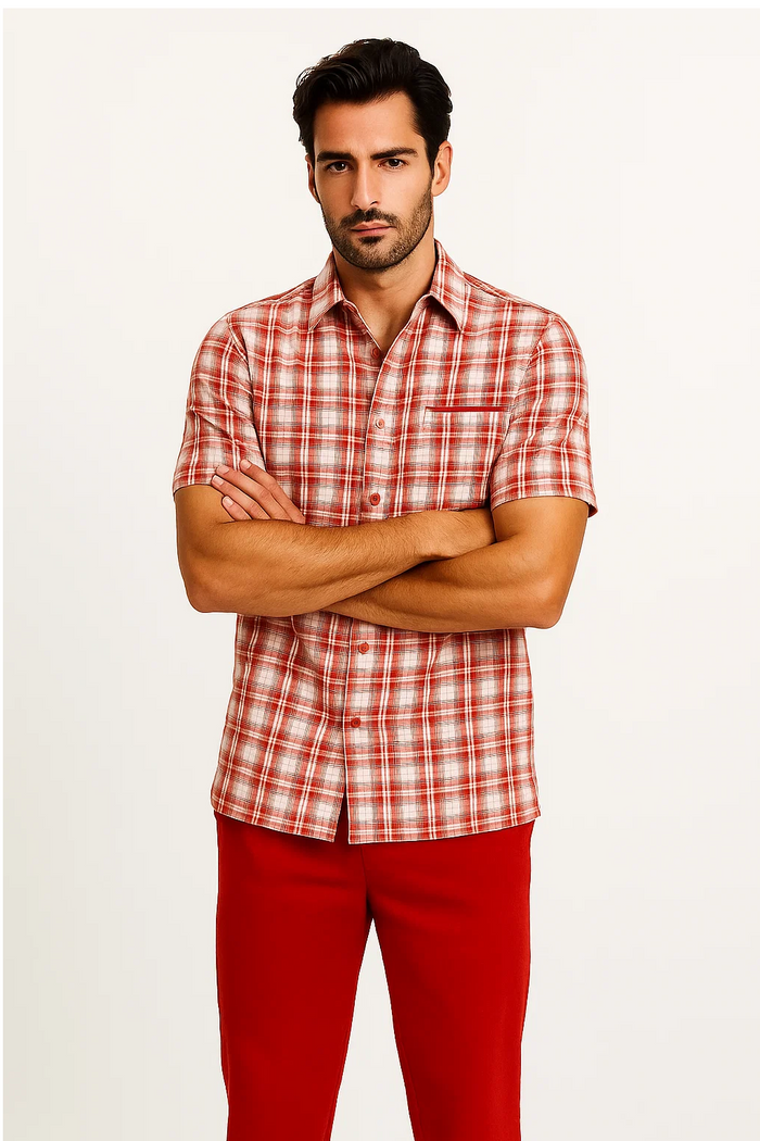 Men's textured plaid walking suit: short-sleeve shirt & pants. Red/off-white plaid button-down shirt. Solid red pants. Lightweight materials, ideal for warm weather.
