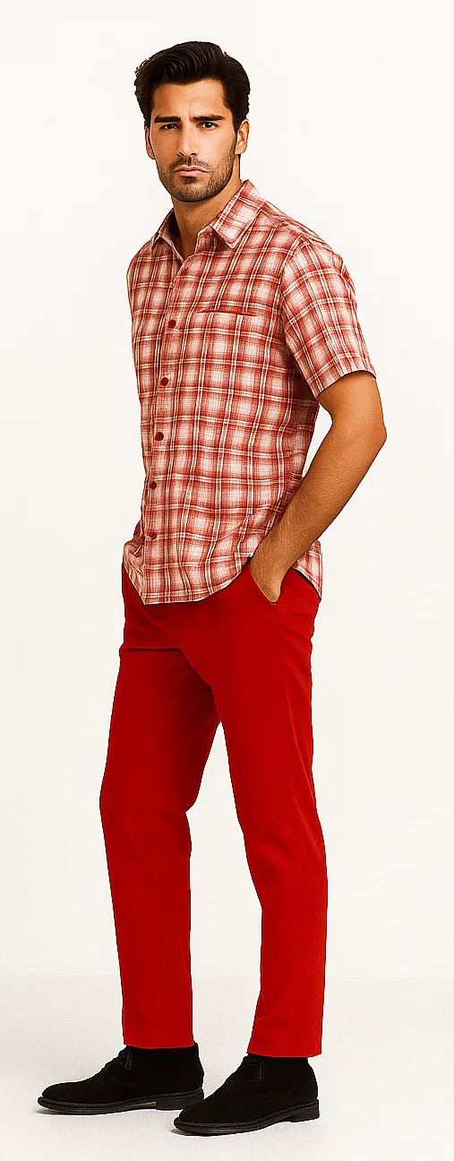 Men's walking suit: Red and off-white short-sleeved plaid shirt with a chest pocket. Matching red straight-fit pants. Bold color, checkered motif, coordinated design.
