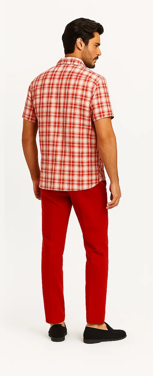 Men's casual walking suit: textured plaid short-sleeve shirt (red/off-white) and solid red pants. Lightweight fabric, suitable for warm weather.
