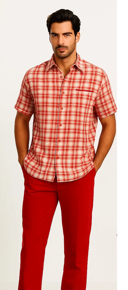 Men's textured plaid walking suit: short-sleeve shirt with red/off-white plaid, pointed collar, and chest pocket. Solid red, tailored pants in smooth fabric.
