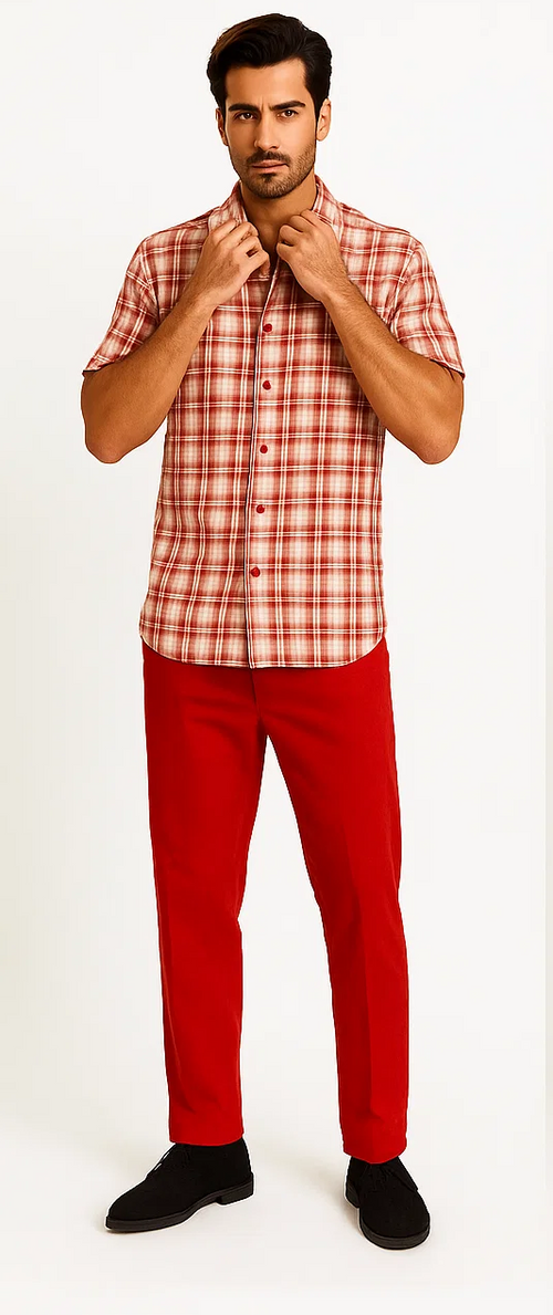 Mens Textured Plaid Walking Suit in red/offwhite by Dreams by Zacchi – 2 Piece Leisure Outfit with matching shirt and pant -$99