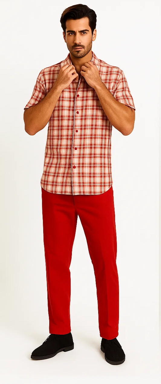 Men's textured plaid walking suit: short-sleeved button-up shirt (red & off-white plaid) with classic collar and button closure. Matching red, straight-leg pants. Smooth fabric for a cohesive look.
