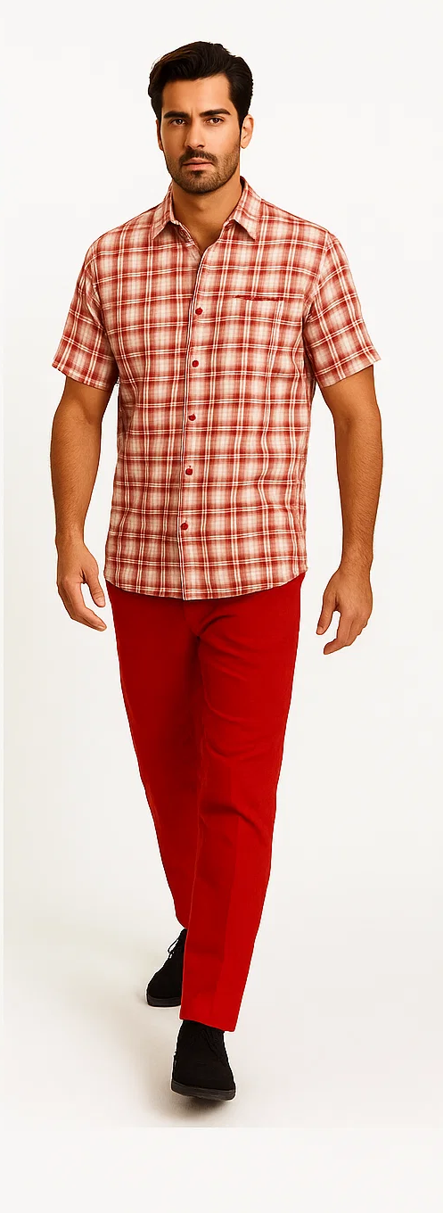 Men's plaid walking suit: short-sleeve shirt (red/off-white plaid) & straight-leg red pants. Lightweight fabric, casual wear. Ideal for a relaxed look.
