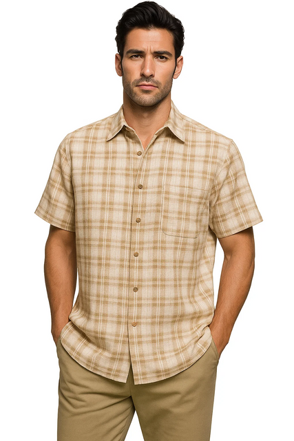 Men's textured plaid walking suit in tan & cream. Short-sleeve button-up shirt with grid pattern & chest pocket. Matching tan pants complete the coordinated outfit.
