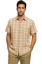Men's textured plaid walking suit in tan & cream. Short-sleeve button-up shirt with grid pattern & chest pocket. Matching tan pants complete the coordinated outfit.
