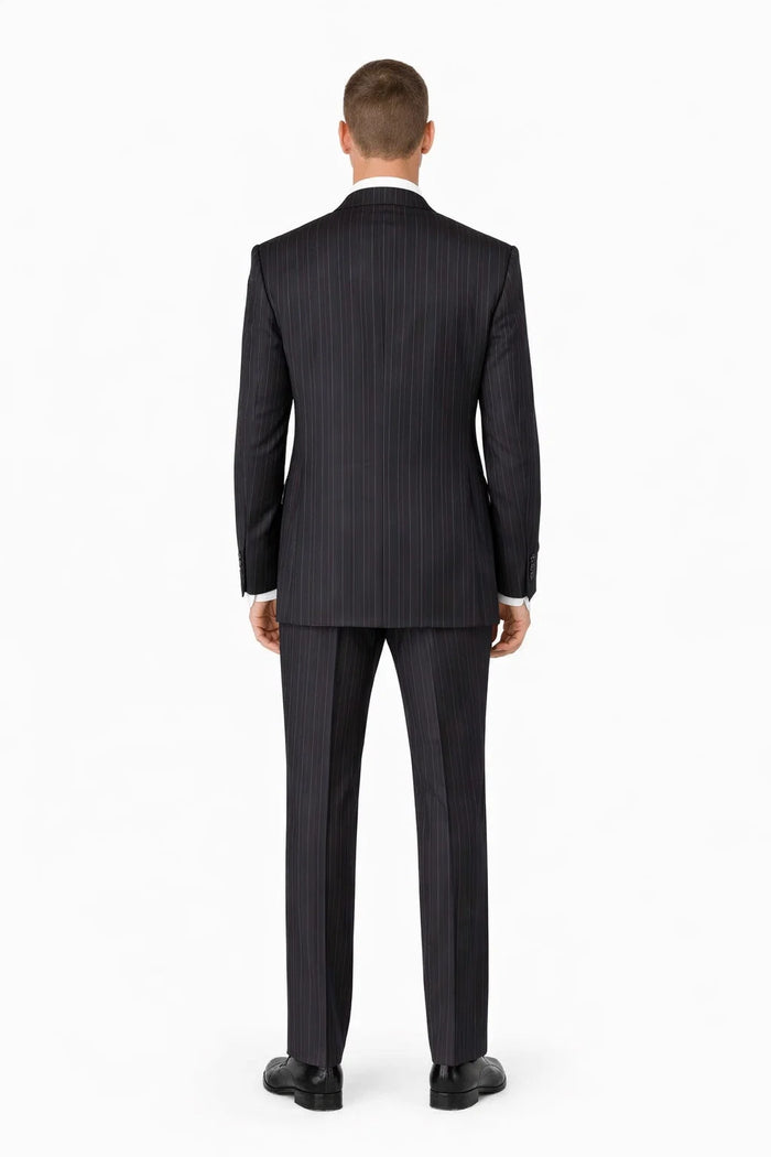 Mens Three Button Suits -  Navy Blue Pinstripe Three-Piece Suit - Classic Business and Formal Wear with Tailored Fit