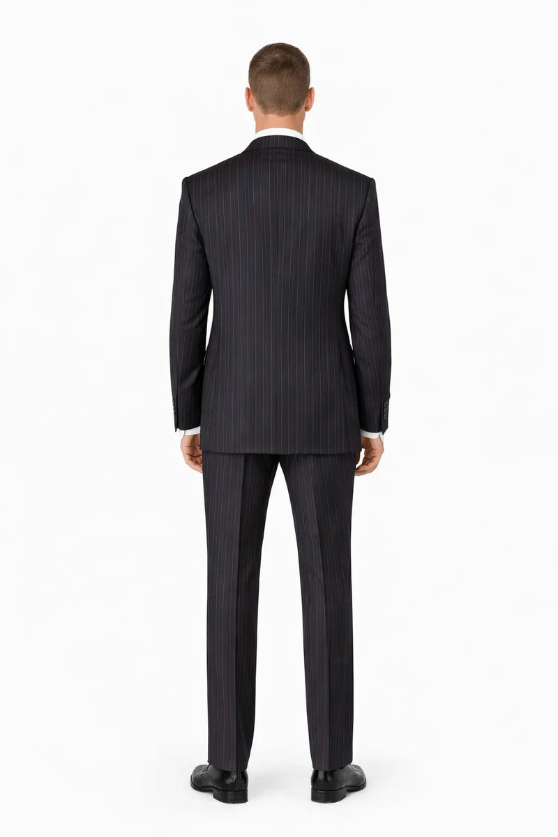 Mens Three Button Suits -  Navy Blue Pinstripe Three-Piece Suit - Classic Business and Formal Wear with Tailored Fit
