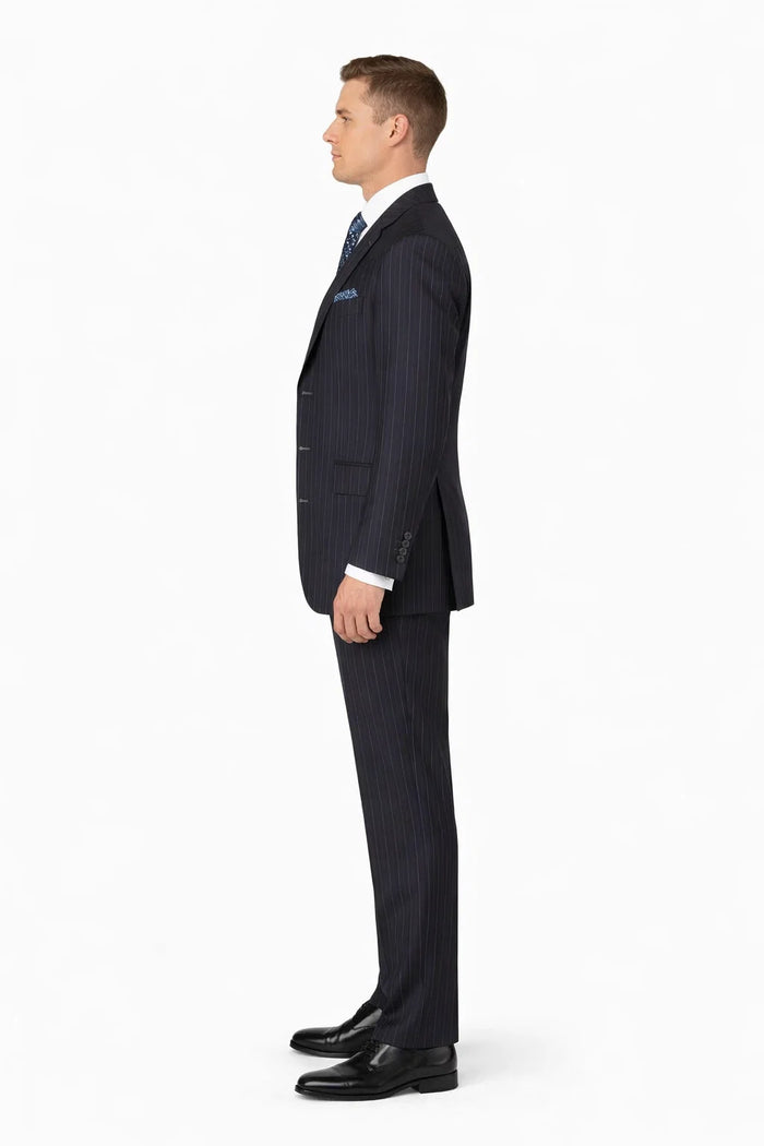 Mens Three Button Suits -  Navy Blue Pinstripe Three-Piece Suit - Classic Business and Formal Wear with Tailored Fit