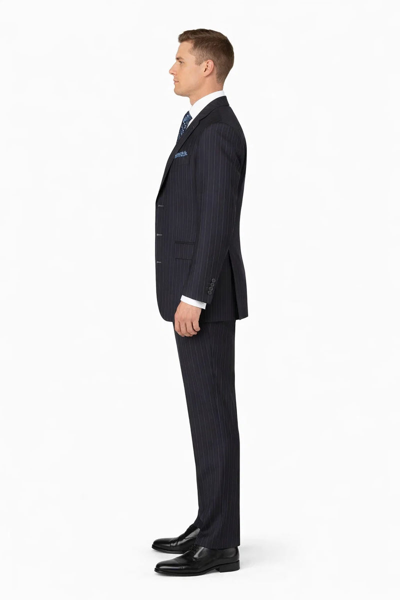 Mens Three Button Suits -  Navy Blue Pinstripe Three-Piece Suit - Classic Business and Formal Wear with Tailored Fit