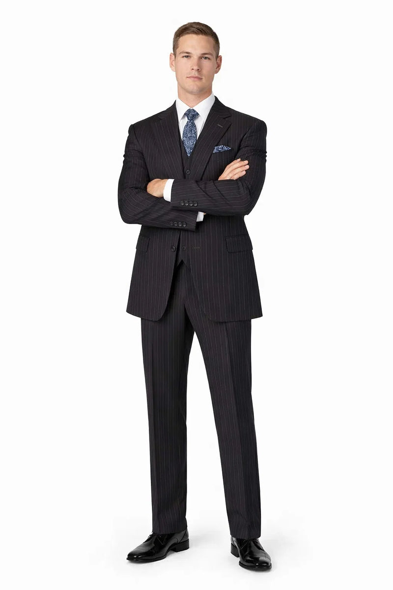 Mens Three Button Suits -  Navy Blue Pinstripe Three-Piece Suit - Classic Business and Formal Wear with Tailored Fit