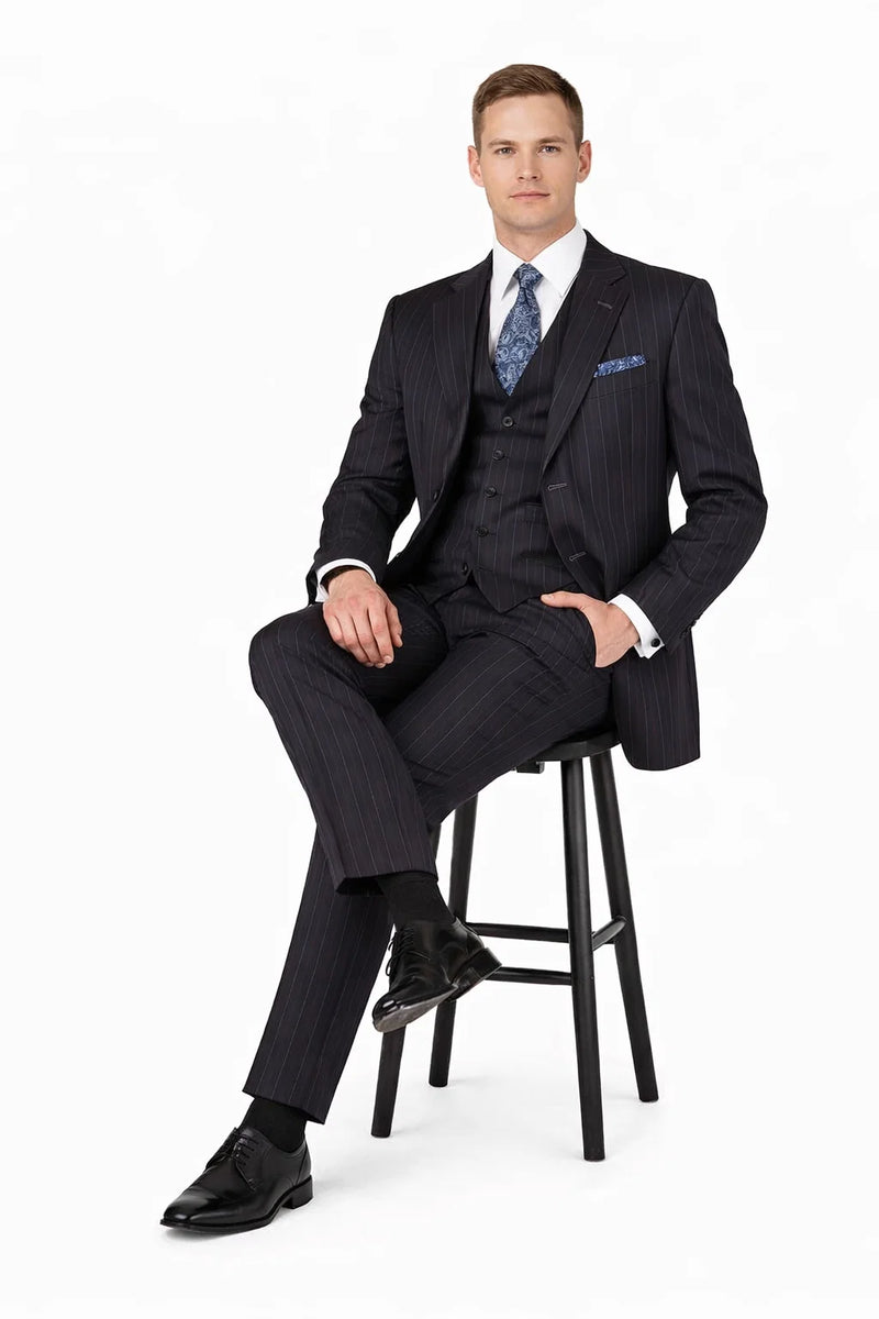 Mens Three Button Suits -  Navy Blue Pinstripe Three-Piece Suit - Classic Business and Formal Wear with Tailored Fit