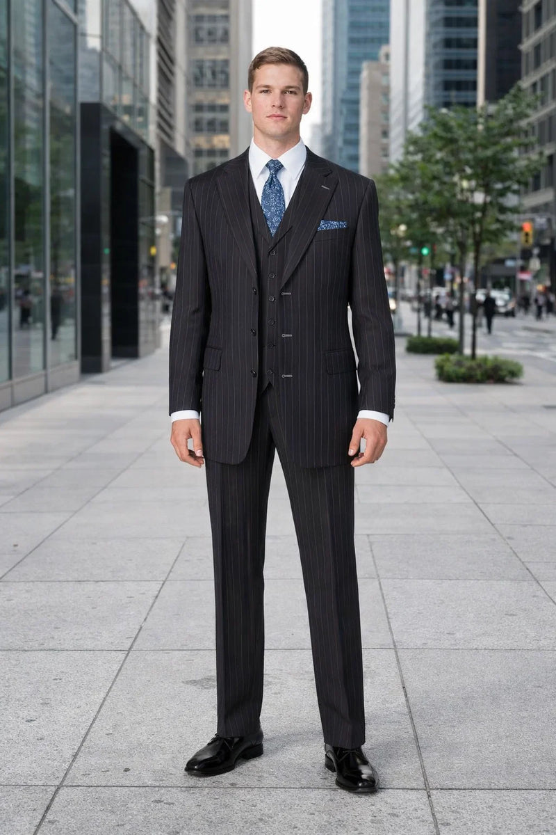 Mens Three Button Suits -  Navy Blue Pinstripe Three-Piece Suit - Classic Business and Formal Wear with Tailored Fit