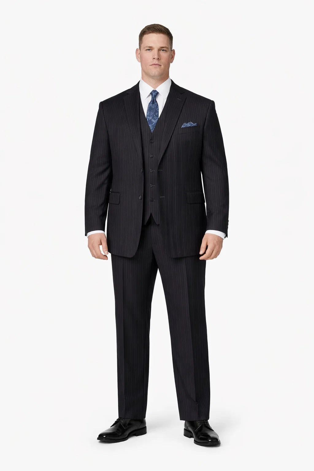 Mens Three Button Suits -  Navy Blue Pinstripe Three-Piece Suit - Classic Business and Formal Wear with Tailored Fit