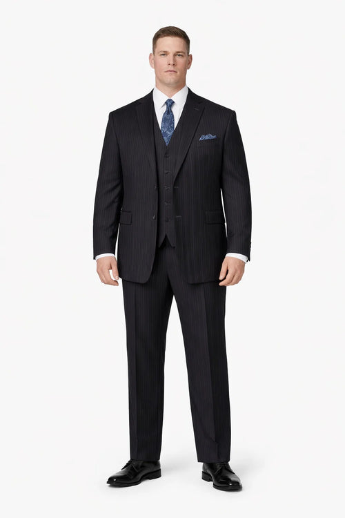 Mens Three Button Suits -  Navy Blue Pinstripe Three-Piece Suit - Classic Business and Formal Wear with Tailored Fit