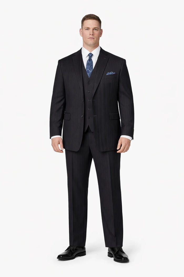 Mens Three Button Suits -  Navy Blue Pinstripe Three-Piece Suit - Classic Business and Formal Wear with Tailored Fit