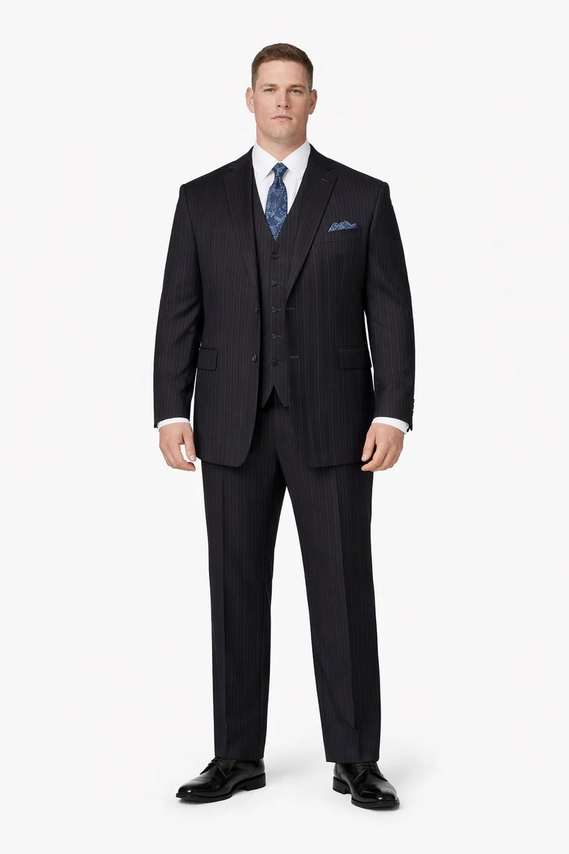 Mens Three Button Suits -  Navy Blue Pinstripe Three-Piece Suit - Classic Business and Formal Wear with Tailored Fit