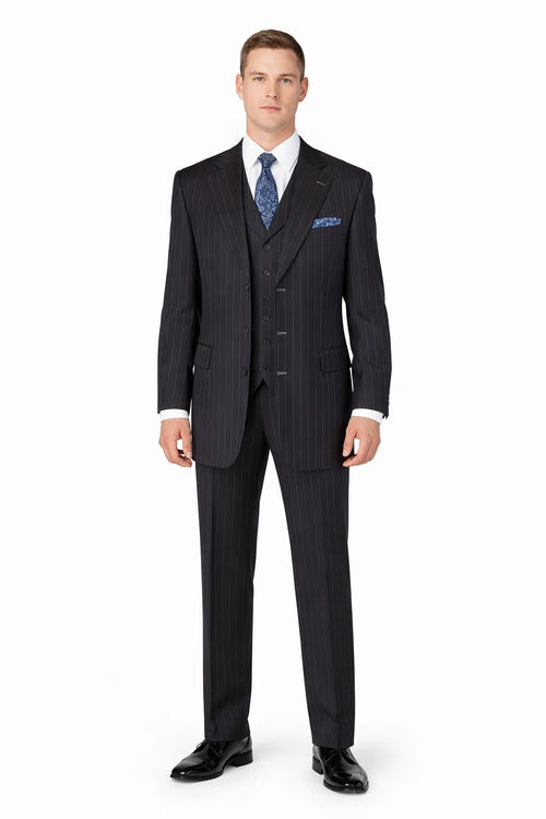 Mens Three Button Suits -  Navy Blue Pinstripe Three-Piece Suit - Classic Business and Formal Wear with Tailored Fit