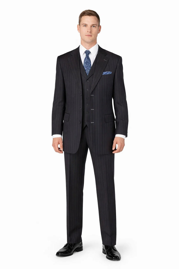 Mens Three Button Suits -  Navy Blue Pinstripe Three-Piece Suit - Classic Business and Formal Wear with Tailored Fit