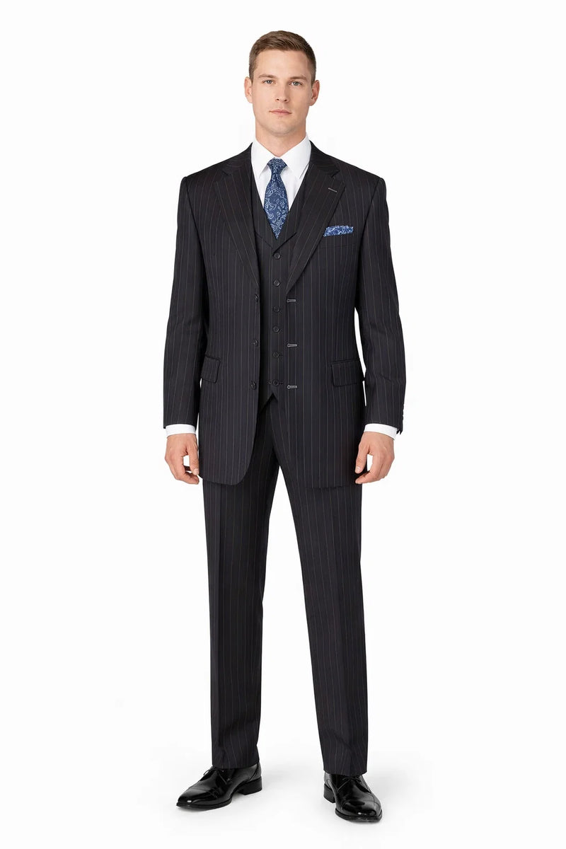 Mens Three Button Suits -  Navy Blue Pinstripe Three-Piece Suit - Classic Business and Formal Wear with Tailored Fit