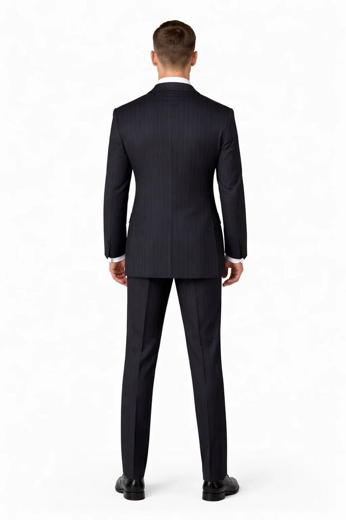 Mens Three Button Suits -  Navy Blue Pinstripe Three-Piece Suit  Classic Business and Formal Wear - Zoot Suit