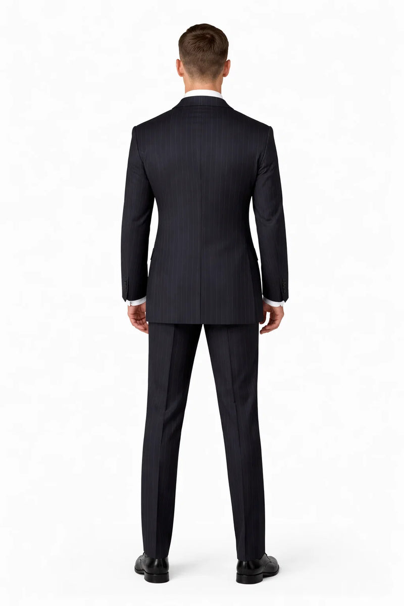 Mens Three Button Suits -  Navy Blue Pinstripe Three-Piece Suit  Classic Business and Formal Wear - Zoot Suit