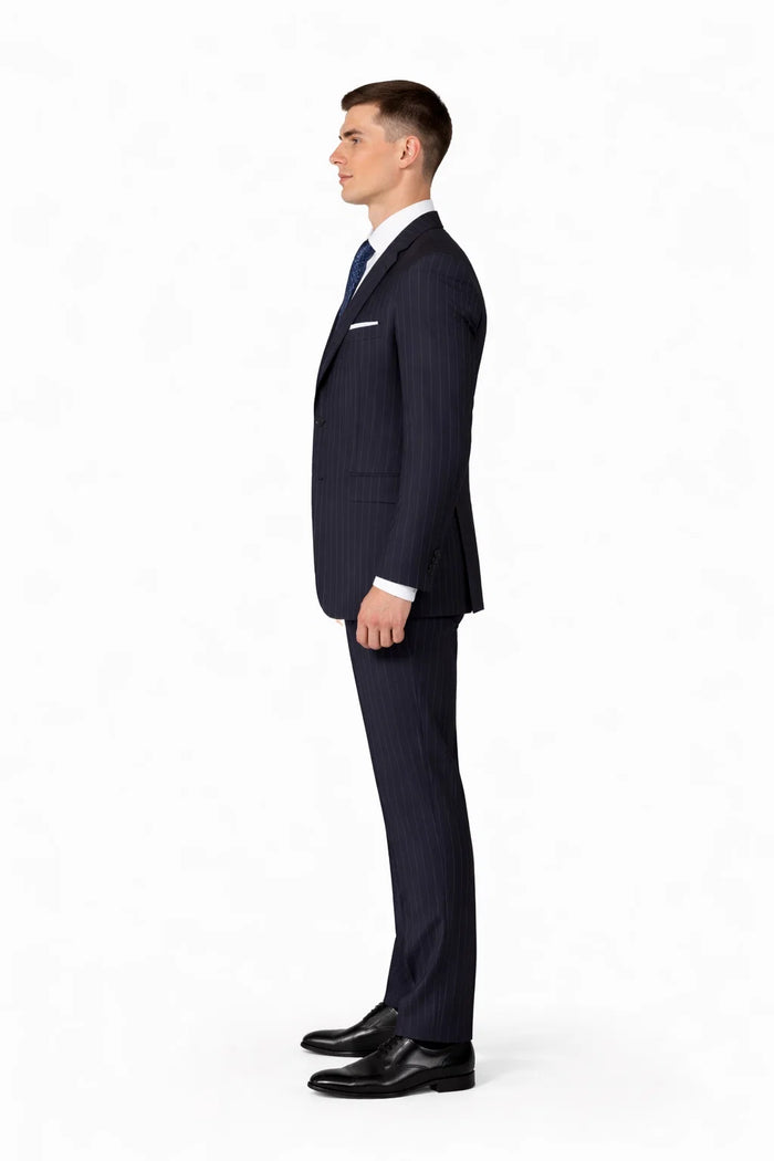 Mens Three Button Suits -  Navy Blue Pinstripe Three-Piece Suit  Classic Business and Formal Wear - Zoot Suit