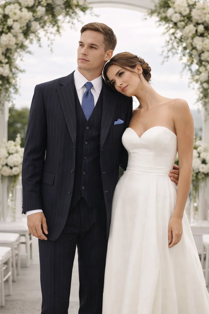 Mens Three Button Suits -  Navy Blue Pinstripe Three-Piece Suit  Classic Business and Formal Wear - Zoot Suit