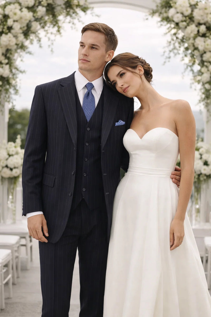 Mens Three Button Suits -  Navy Blue Pinstripe Three-Piece Suit  Classic Business and Formal Wear - Zoot Suit