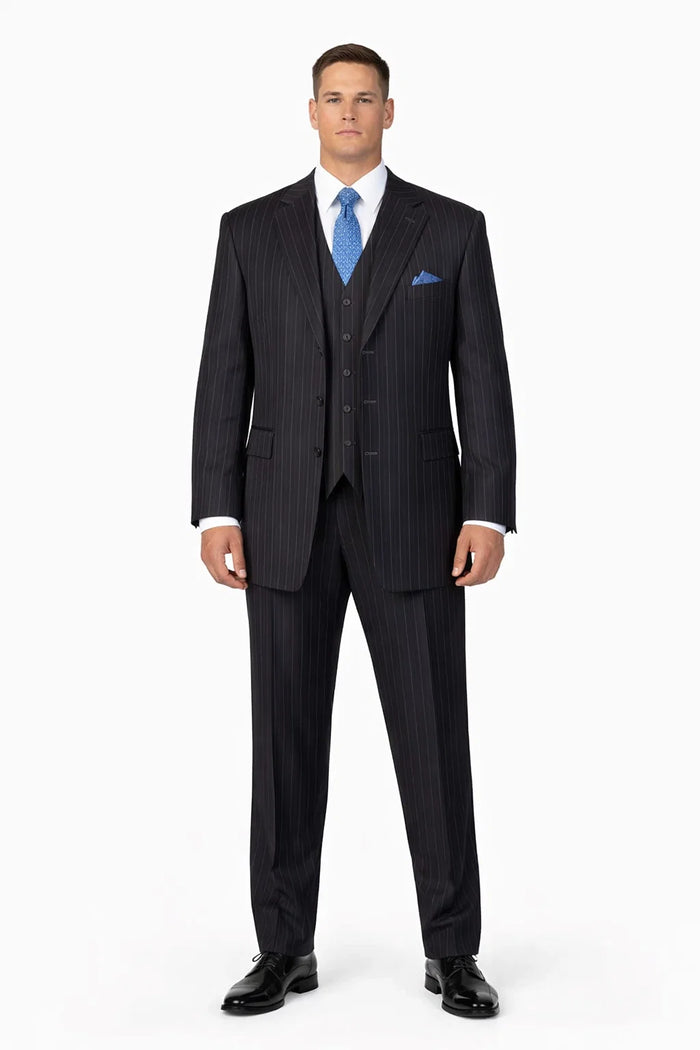 Mens Three Button Suits -  Navy Blue Pinstripe Three-Piece Suit  Classic Business and Formal Wear - Zoot Suit