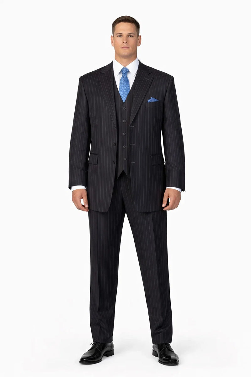 Mens Three Button Suits -  Navy Blue Pinstripe Three-Piece Suit  Classic Business and Formal Wear - Zoot Suit