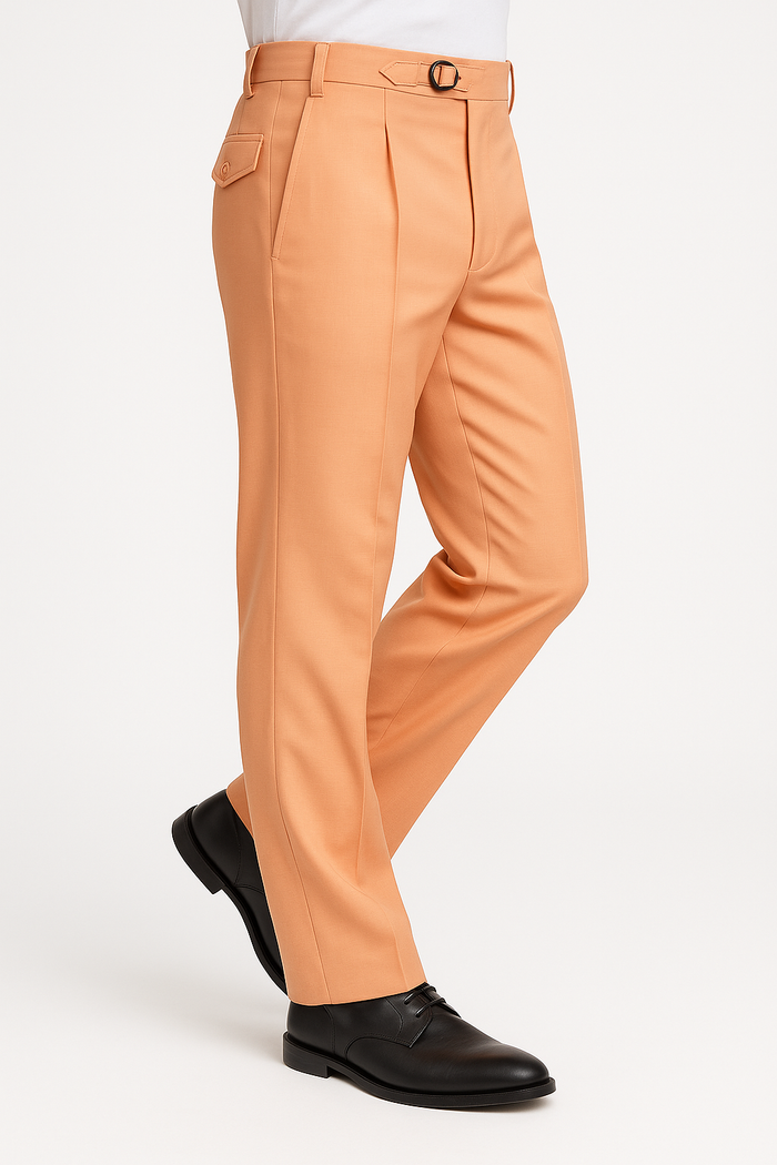Tiglio Luxe Marbella dress pants. Soft orange wool blend. Tailored waist, belt loop, front pleat. Semi-wide leg, straight profile. Side & back pockets.
