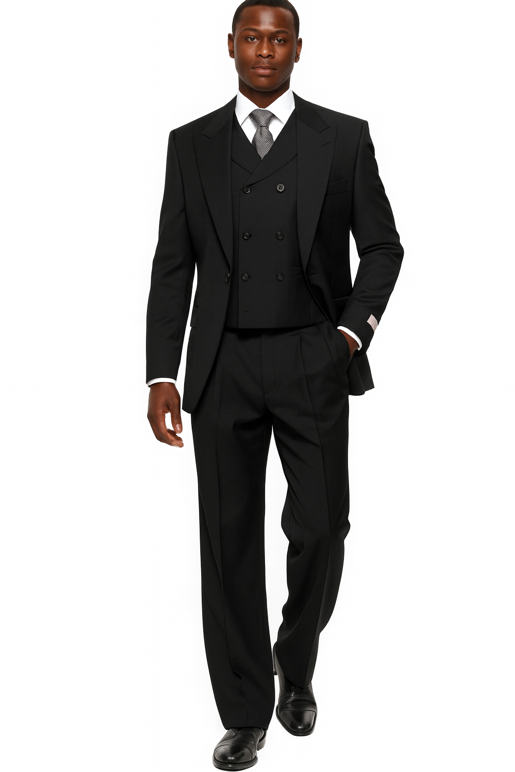 Black three-piece men's suit: double-breasted vest (peak lapel), tailored jacket, wide-leg baggy pants. Made of 100% black wool. Vest: close-fitting, two-row buttons. Jacket: formal silhouette. Pants: relaxed fit.
