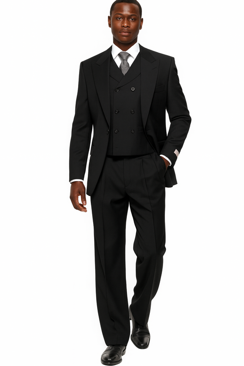 Black three-piece men's suit: double-breasted vest (peak lapel), tailored jacket, wide-leg baggy pants. Made of 100% black wool. Vest: close-fitting, two-row buttons. Jacket: formal silhouette. Pants: relaxed fit.