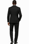 Black wool three-piece suit. Wide-leg baggy pants, double-breasted vest with peak lapel, structured back. Matching trousers. Classic tailoring.
