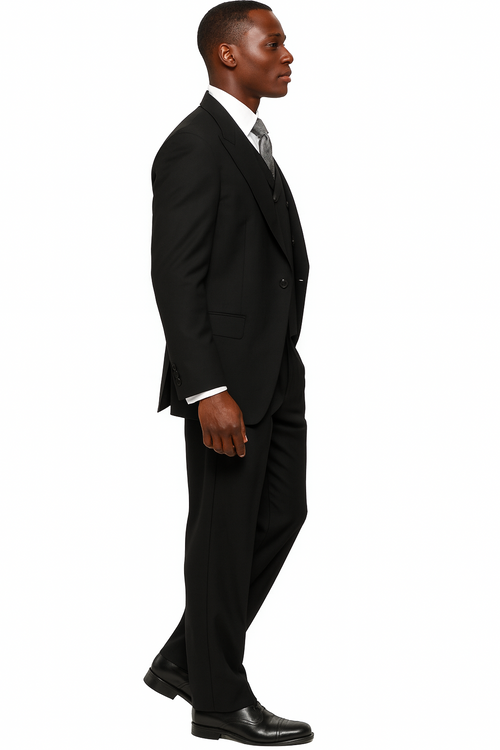 Men's black three-piece suit. 100% wool, wide-leg baggy pants, double-breasted vest, and peak lapel design.