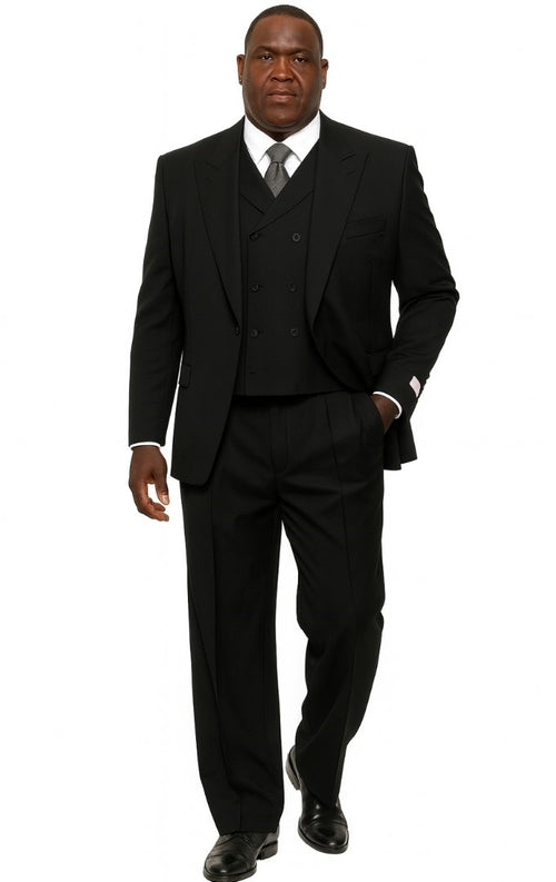 Black 3-piece men's suit: wide-leg baggy pants, double-breasted vest, and peak lapel jacket. 100% wool, formal tailored silhouette. Solid color, relaxed fit pants.