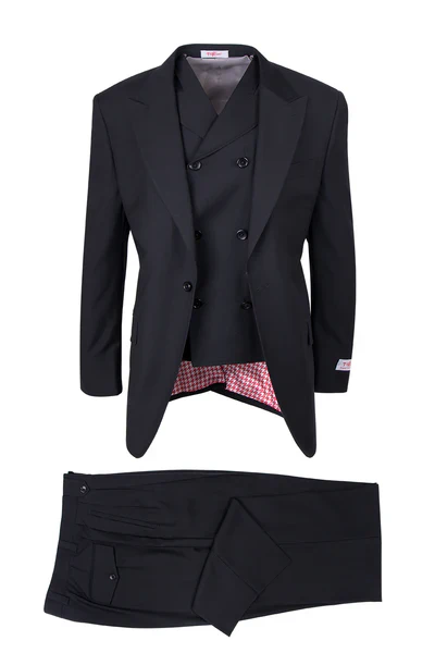 Classic black three-piece suit crafted from 100% wool. Includes a double-breasted vest and peak lapel. Features wide-leg baggy pants and structured tailoring for a sophisticated look.