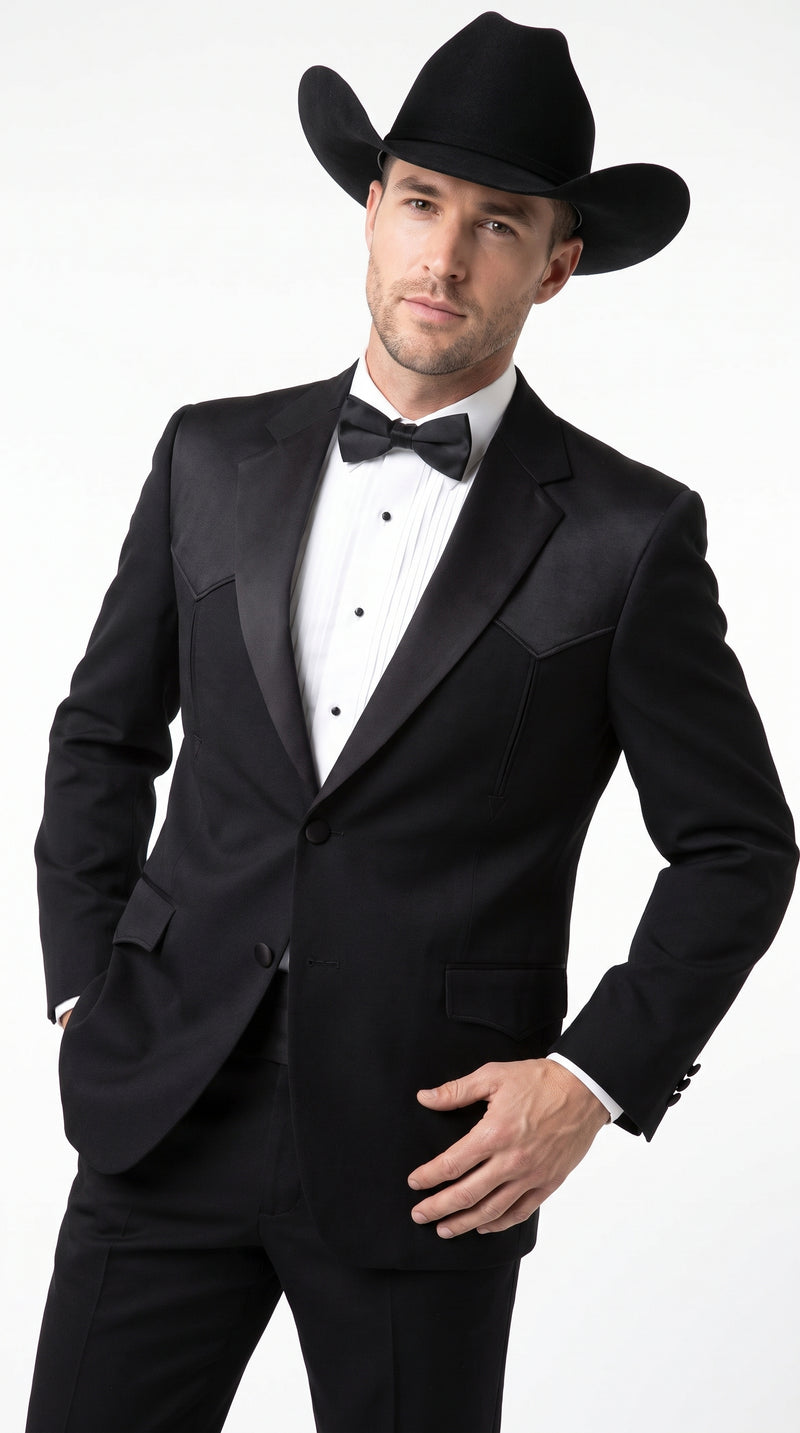 Mens Traditional Black Western Tuxedo Suit – 2 Piece Cowboy Formal Suit with Western Yoke Sport Coat & Matching Black Pants