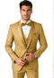 Alberto Nardoni champagne tuxedo for men: fitted jacket, matching pants, satin lapels. Includes striped shirt, bow tie, pocket square. Elegant, tailored silhouette.

