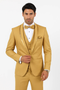 Alberto Nardoni men's champagne gold wedding tuxedo. Fitted, single-breasted jacket with satin-trimmed peak lapel. Includes matching trousers, pocket square, and white dress shirt for a formal, shiny look.
