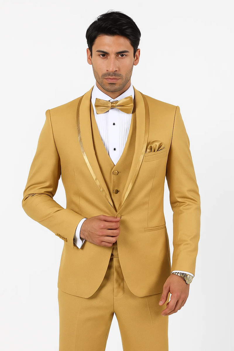 Gold men's tuxedo suit with satin shawl collar and vest. Smooth fabric, structured fit, single-button closure, pockets. Includes bow tie. Clean lines, tailored proportions.
