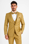 Men's gold champagne tuxedo with satin shawl collar and vested design. Includes white pleated shirt, gold bow tie, and pocket square. Fitted silhouette.
