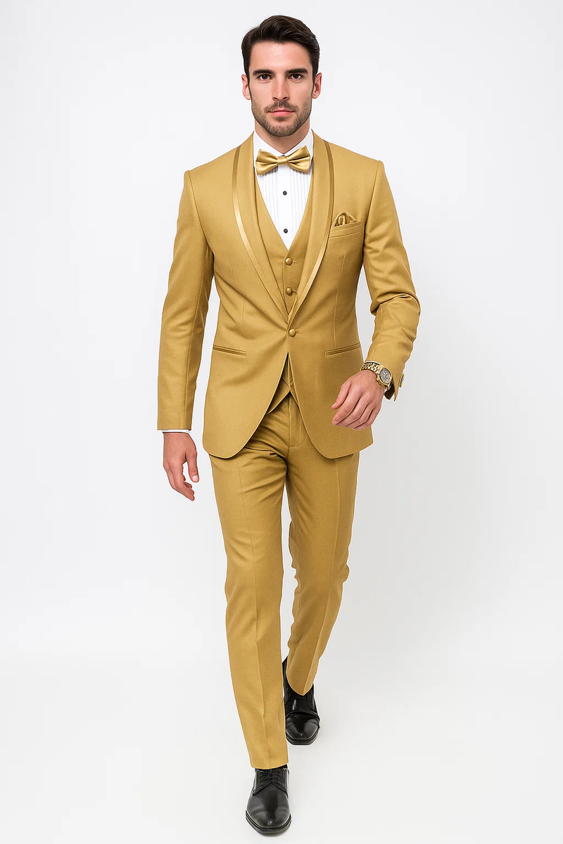 Alberto Nardoni champagne tuxedo: fitted gold jacket with satin lapels, white shirt, bow tie, and tailored gold trousers. Includes pocket square. Smooth, shiny fabric. Black dress shoes.
