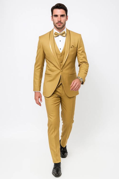 Men's gold champagne tuxedo with satin shawl collar and vested suit design. Fitted silhouette, three-button vest. Perfect for formal events.
