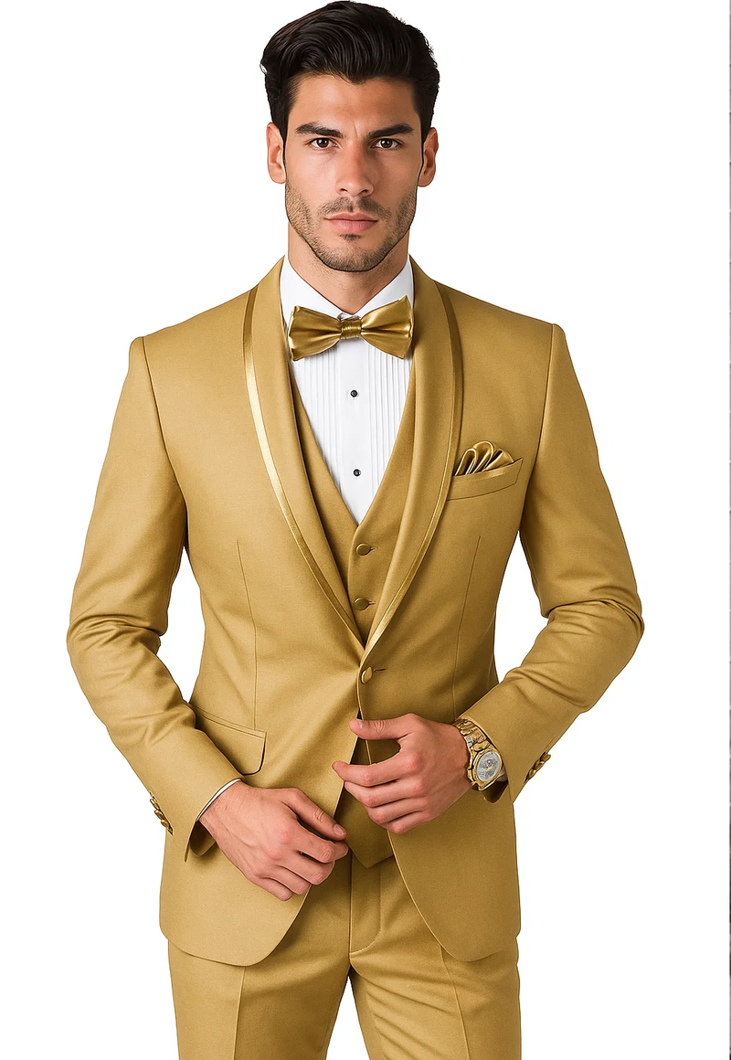 Men's champagne tuxedo with satin shawl collar and vested design. Gold suit includes white pleated dress shirt & matching bow tie. Formal & elegant.
